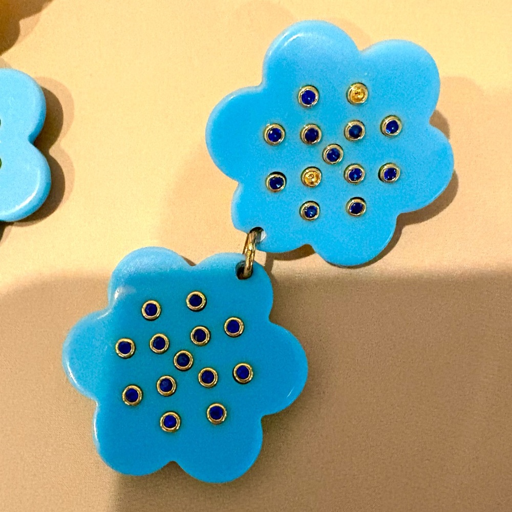 ASHA Flower Earrings in Turquoise and Dipped 14K Gold, EUC. - Picture 4 of 9